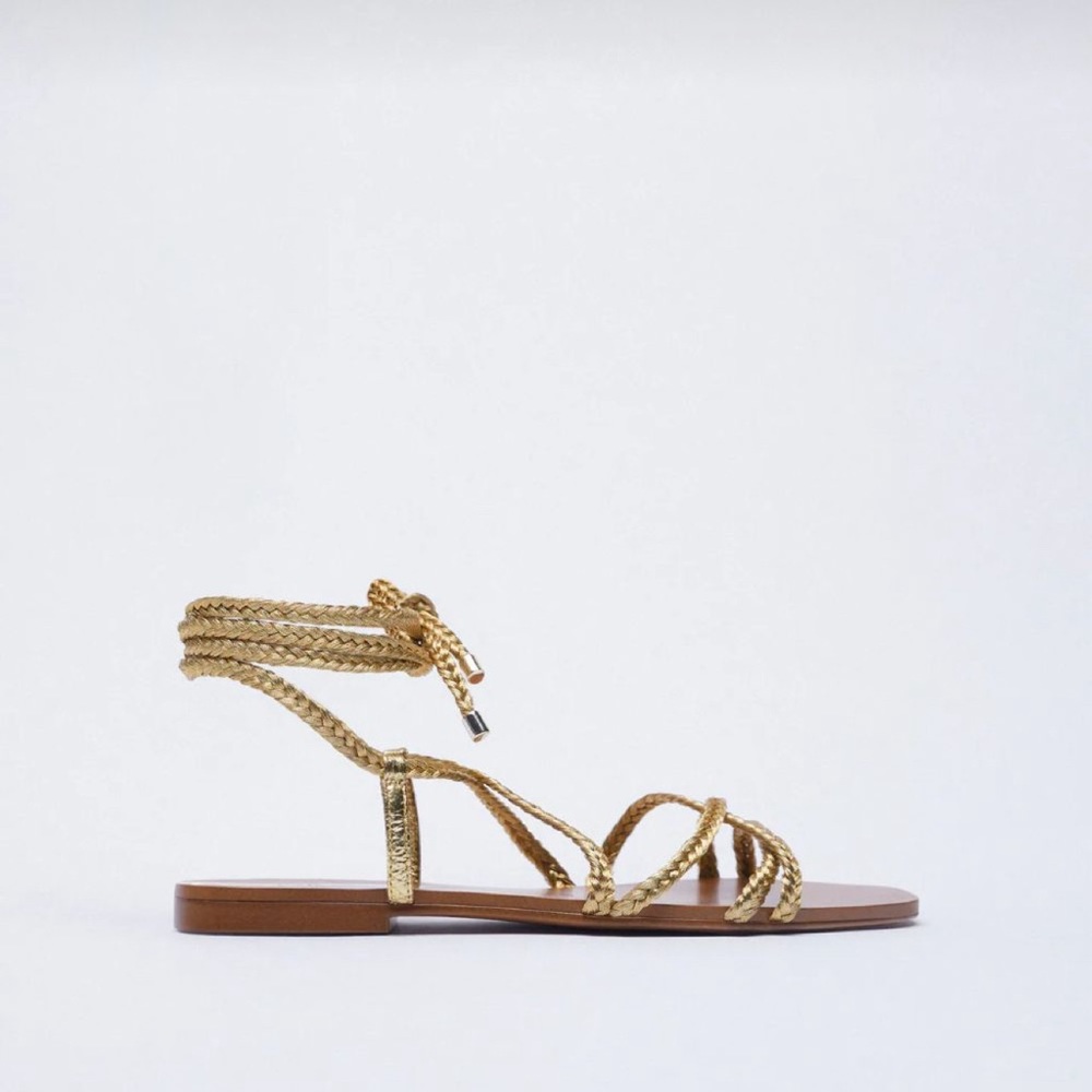 Zara low heel woven metallic sandals with tied ankle